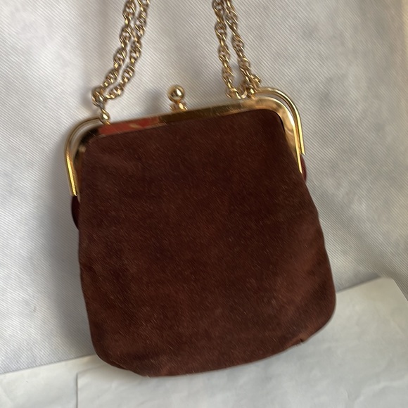 Chic Vintage purse By Triangle NY brown suede gold tone - mod look - Picture 4 of 16
